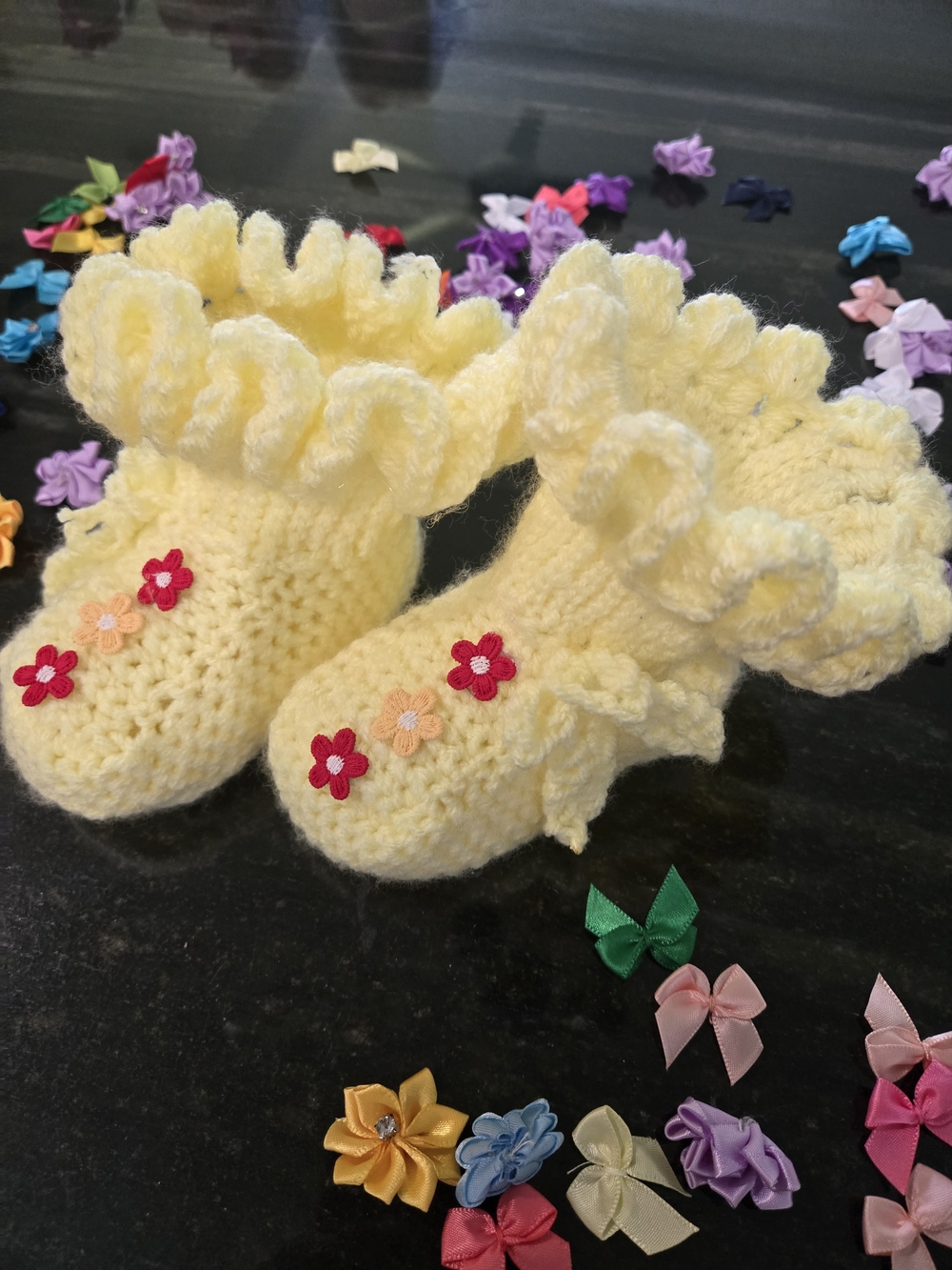 Handmade Yellow Crochet Baby Booties with Floral Appliqués